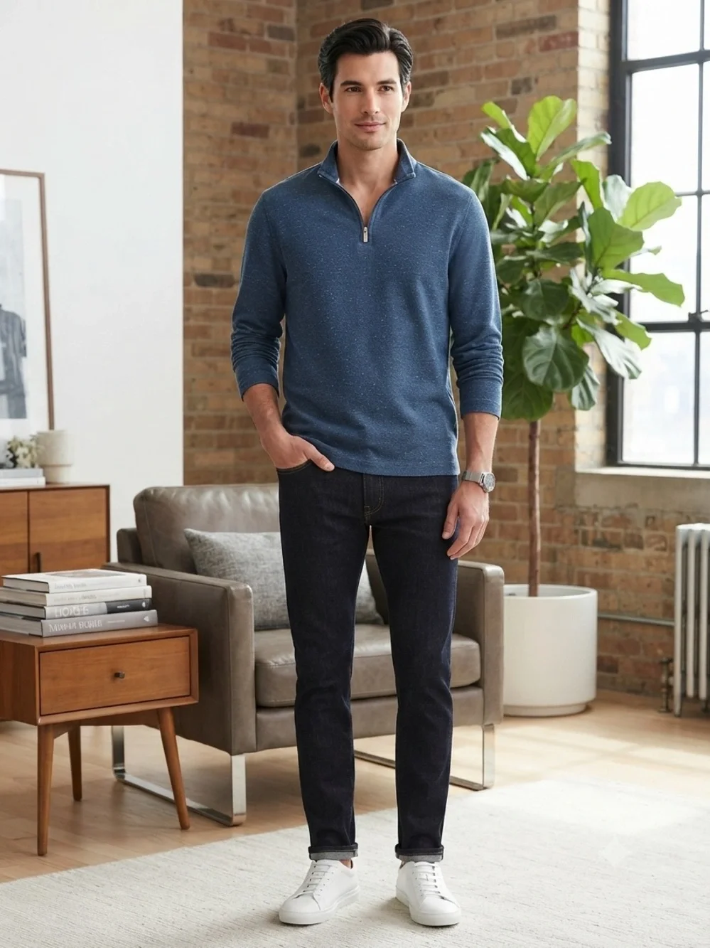 Geoffrey Beene Men's Heathered Navy Quarter-Zip Pullover